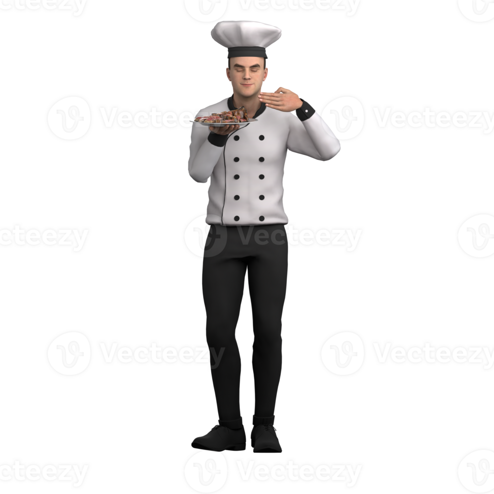 3D Culinary Enforcement Male Chef. A male chef holds a plate filled with roast beef while raising his hand to his face, showing how delicious the aroma of the food that has been prepared is png