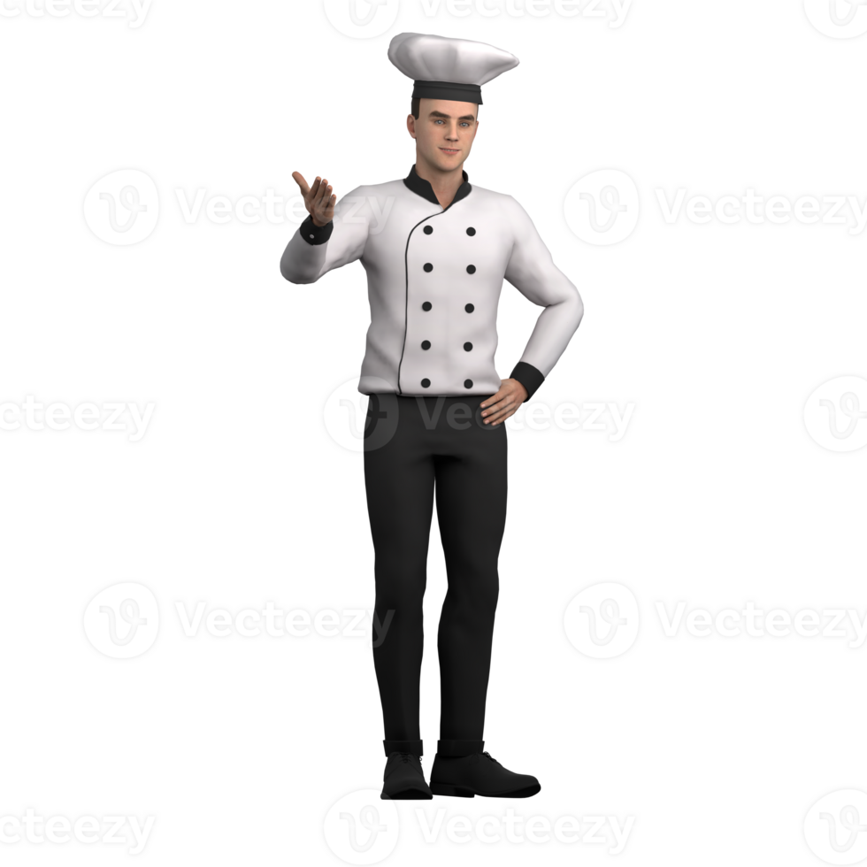 of Male Culinary Professional. A male chef stands with his right hand raised up with the palm facing his face while his left hand is on his waist. 3D Chef png