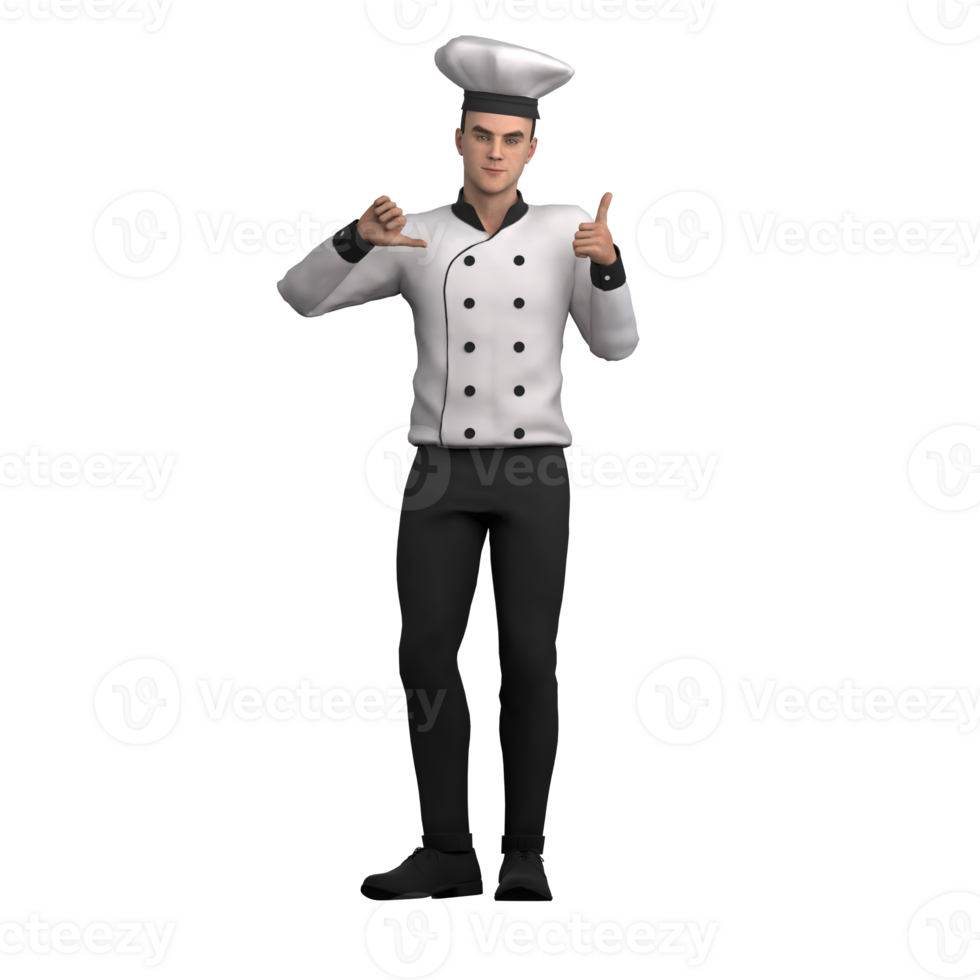 3D Male Chef Culinary A male chef stands with both hands raising their thumbs. Professional png