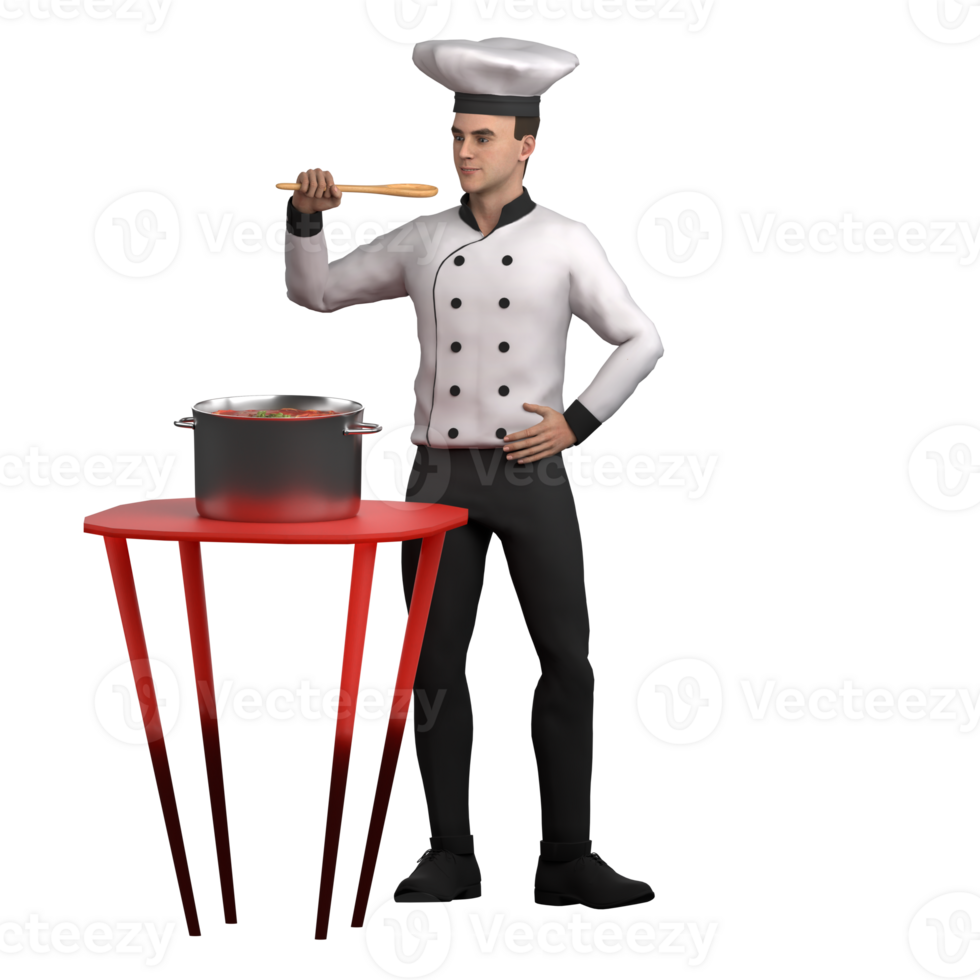 3D Urban Male. A male chef stands while tasting soup cooked on a red table using a wooden spoon png