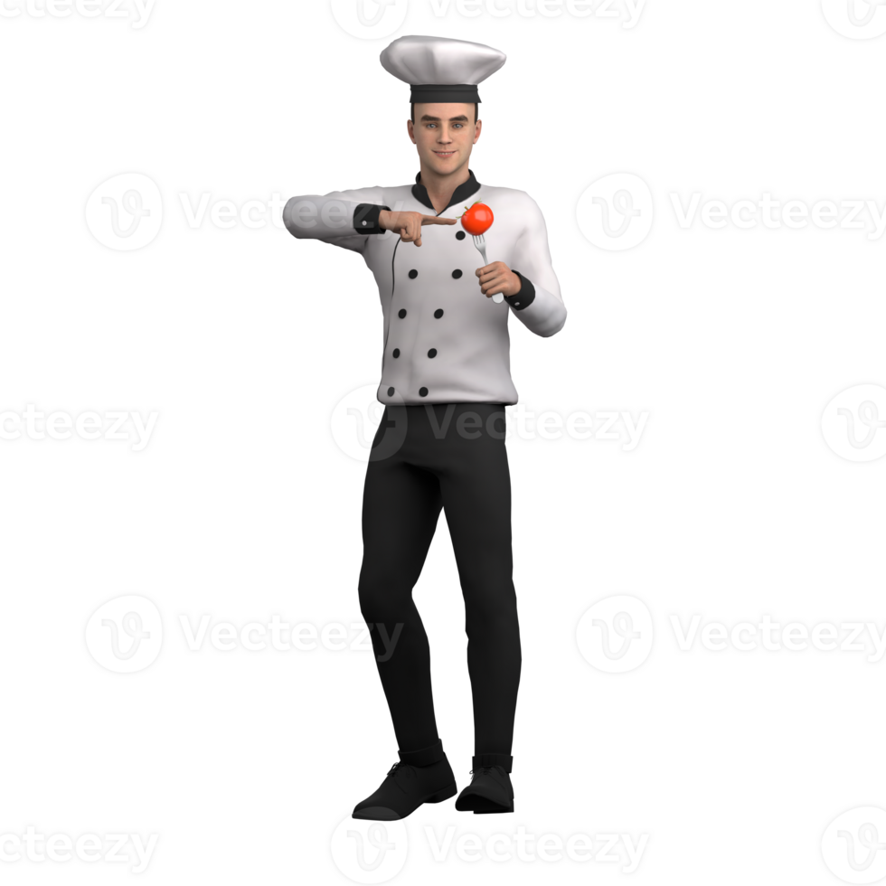 Male Professional Chef - 3D Character. A male chef stands with his left hand holding a fork with a tomato on it while his right hand points to the tomato png