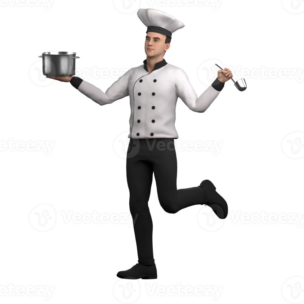 Professional 3D Male Chef. A male chef stands carrying a large pan in one hand and a large spoon in the other. Culinary Character png