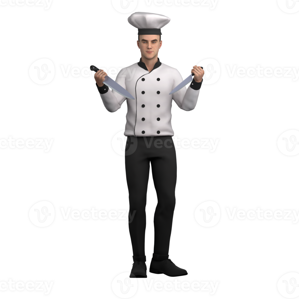 Male Chef in Culinary 3D. A male chef stands holding two large knives in both hands. Professional png