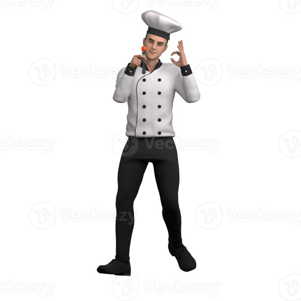 of Professional Male Chef. A male chef stands holding a fork with a tomato on it, while giving an OK gesture with his other hand. Cartoon png