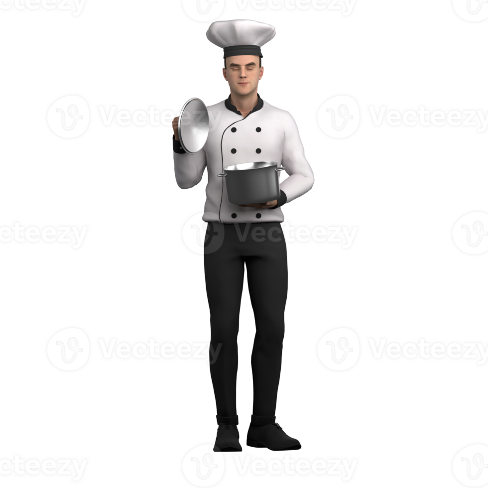 Culinary Professional Male. A male chef stands with his left hand holding a pan and his right hand holding a lid. 3D Chef Cartoon png
