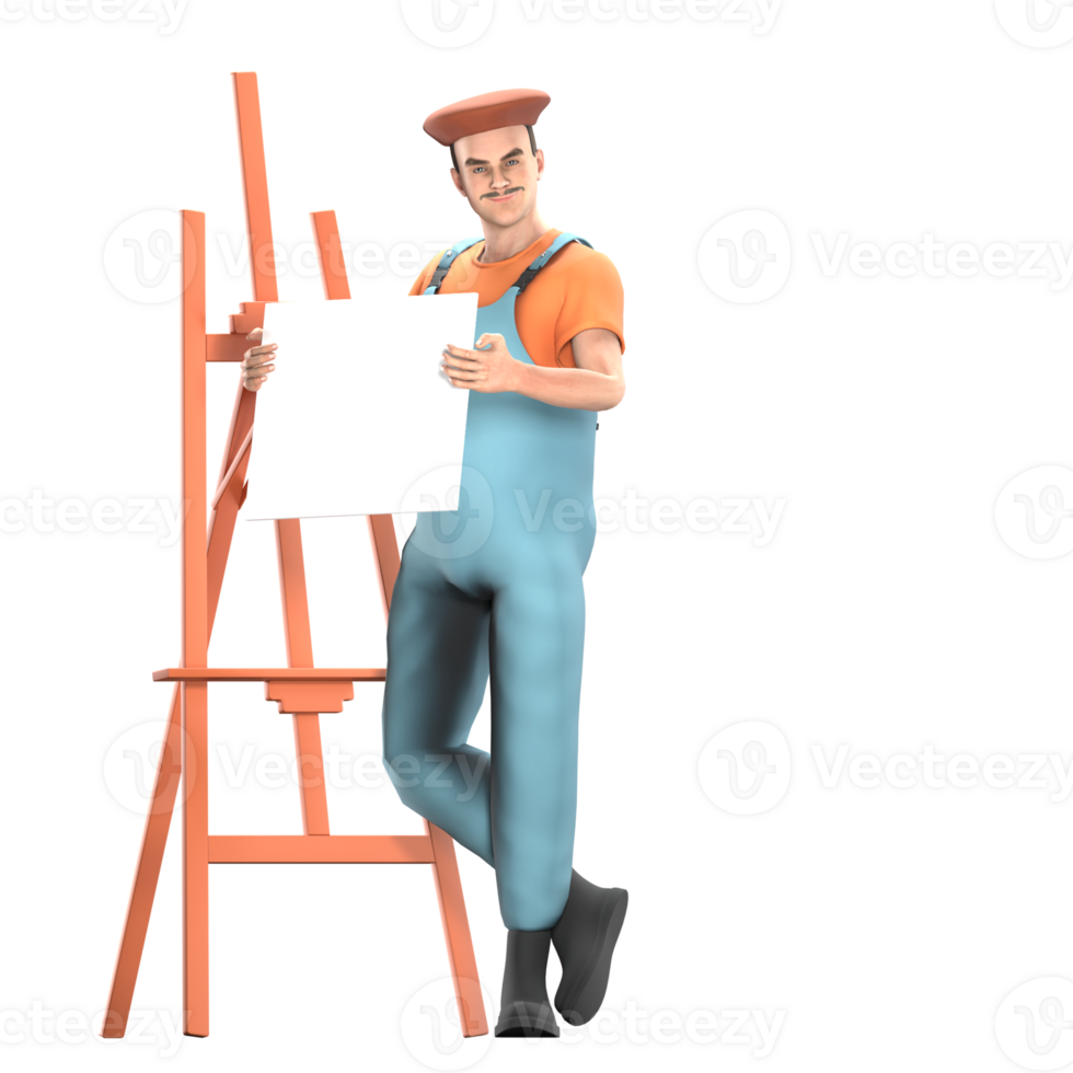 de dessin animé peintre. une Masculin peintre des stands suivant à une La peinture supporter avec tous les deux mains en portant une La peinture toile. art passionné png