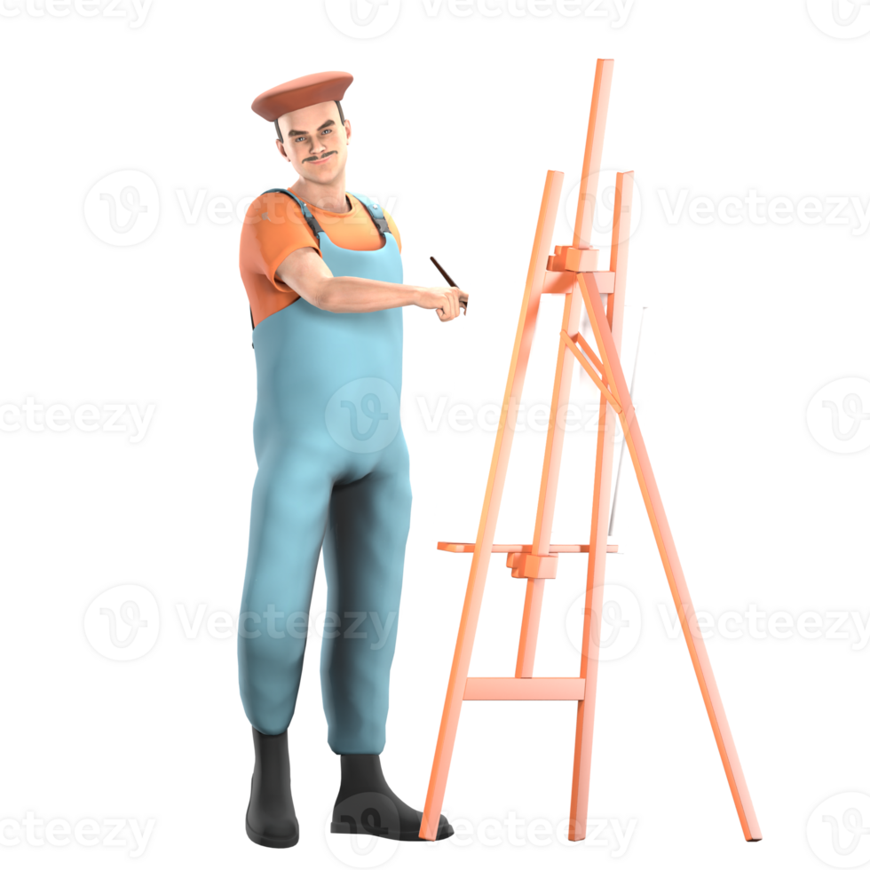 Male Painter Cartoon in 3D. A male painter stands in front of a canvas with a painting stand with his right hand holding a brush, as if he wants to paint. Studio Scene png