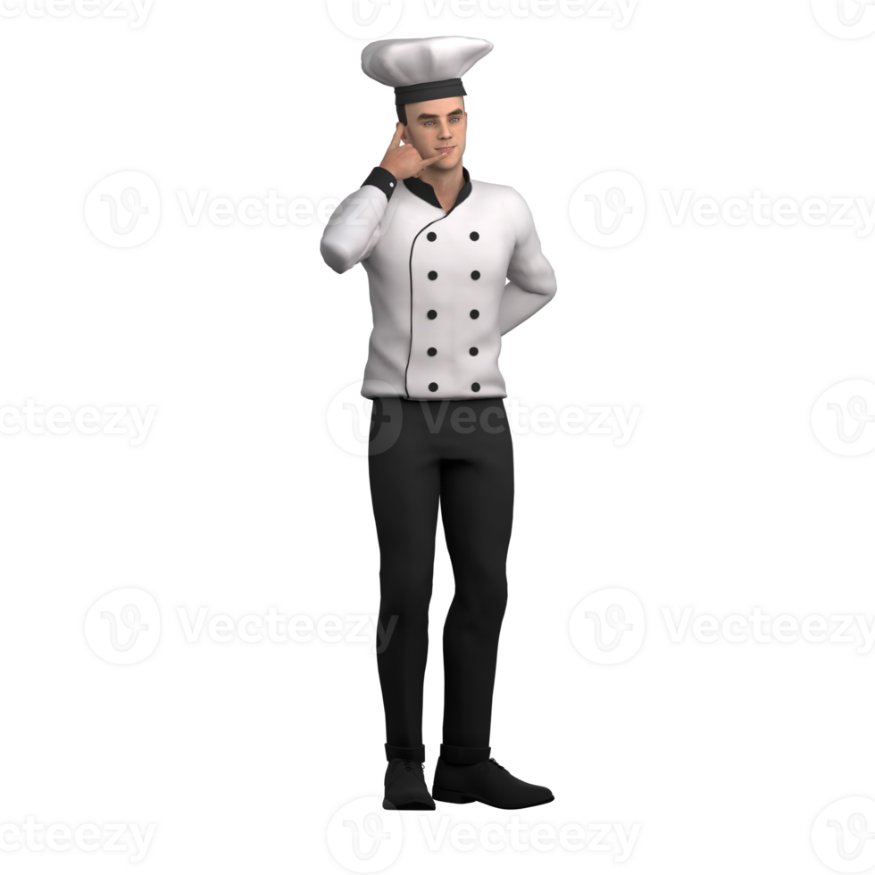 Professional Chef in 3D. A male chef stands with his thumb in his ear and his little finger in front of his mouth while his other hand is behind his body. Male png