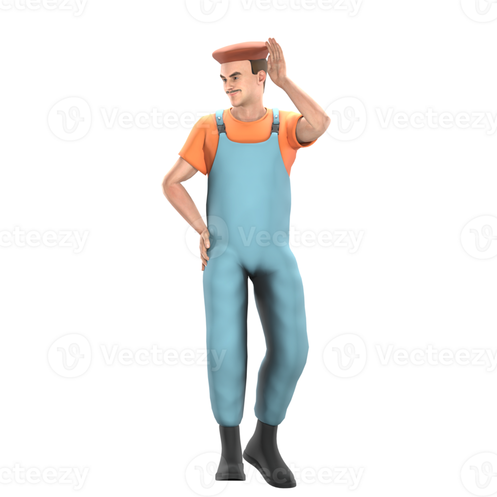 Professional Artistic Painter 3D. A male painter stands with his right hand in his pocket while his left hand is on his head. Male Cartoon Model png