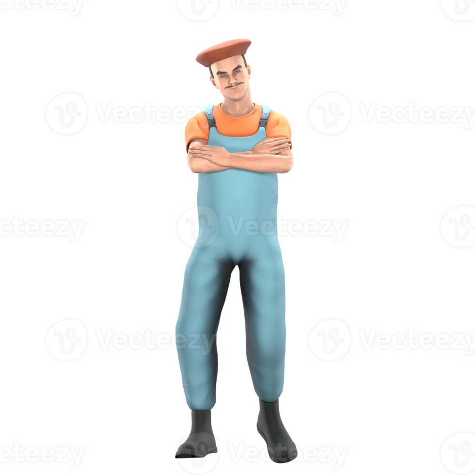Male Cartoon Painter Creating. A male painter stands with his arms folded in front of his chest. 3D Art Scene png