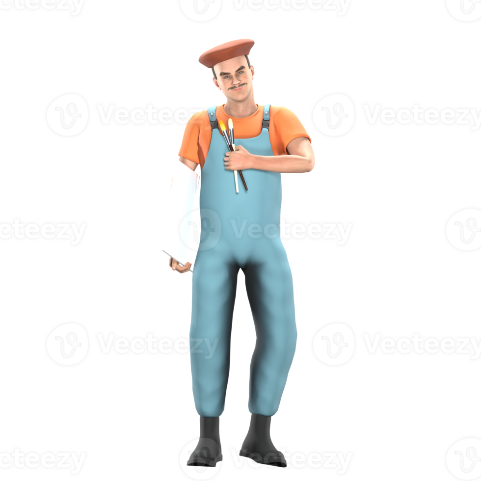 3D Model of Cartoon Painter. A male painter stands with his left hand holding a brush in front of his chest while his right hand carries a painting canvas. Colorful Artisan png