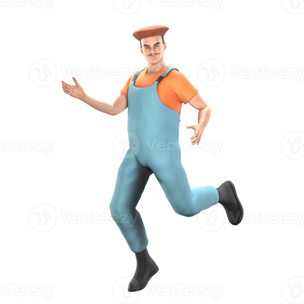 Professional Painter 3D Cartoon. A male painter running with a cheerful and confident facial expression, showing enthusiasm and energy in his work. Male Art Model png