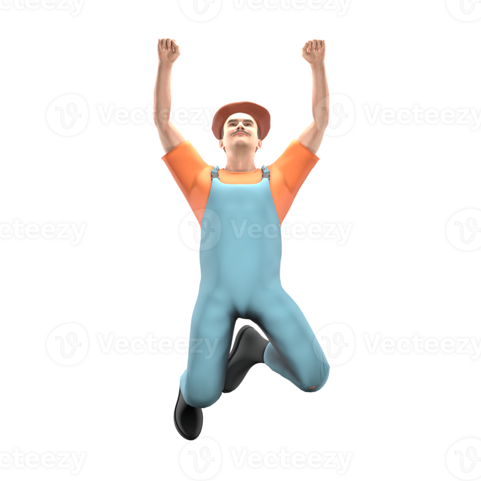 Painter Cartoon Character 3D. A male painter is jumping with both legs bent while both hands are clenched upwards. Illustrated Art Creator png