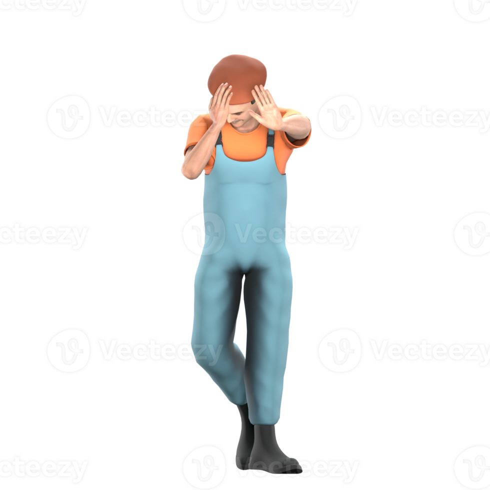 3D Cartoon Art Painter. A male painter stands with both hands holding his head signaling to stop, Craft Exhibition png