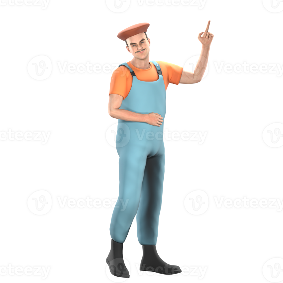 of a Cartoon Painter. A male painter standing with one finger of his left hand pointing upwards. 3D Male Artist png