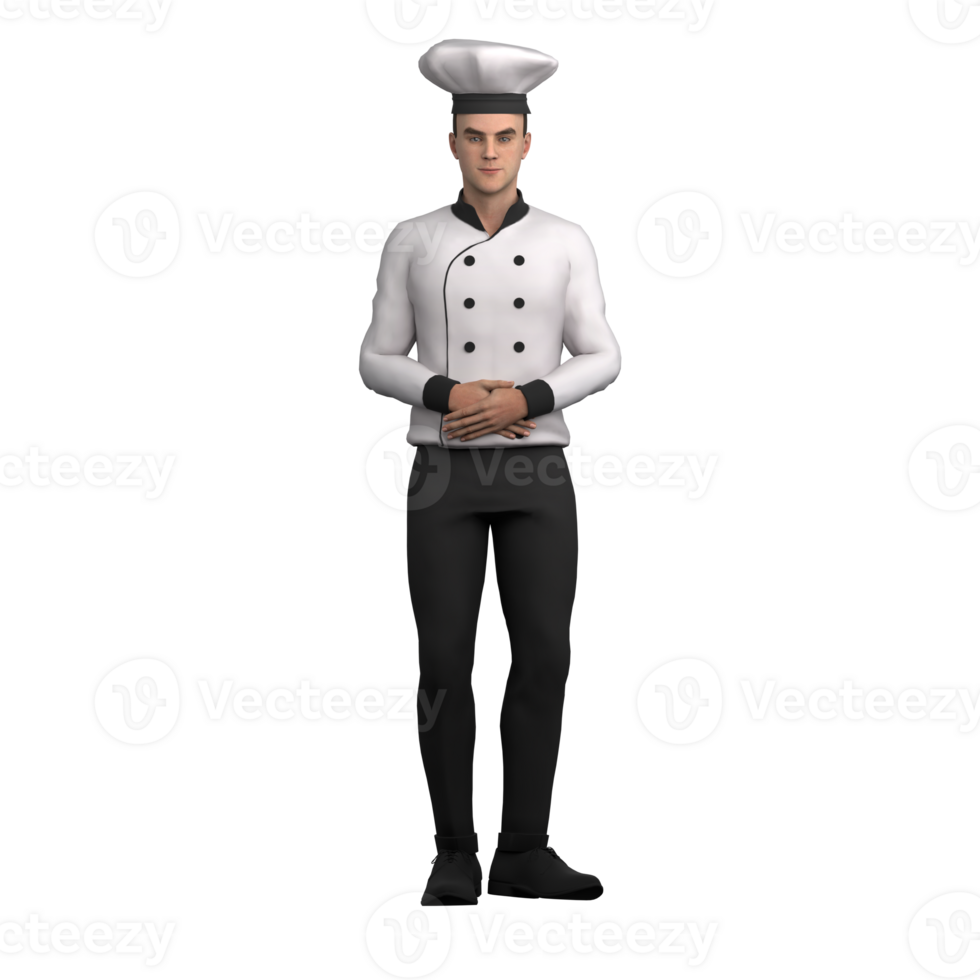 3D Chef Male in Professional Setting. A male chef stands with an upright posture and his arms crossed in front of his stomach, showing an attitude of professionalism and readiness png