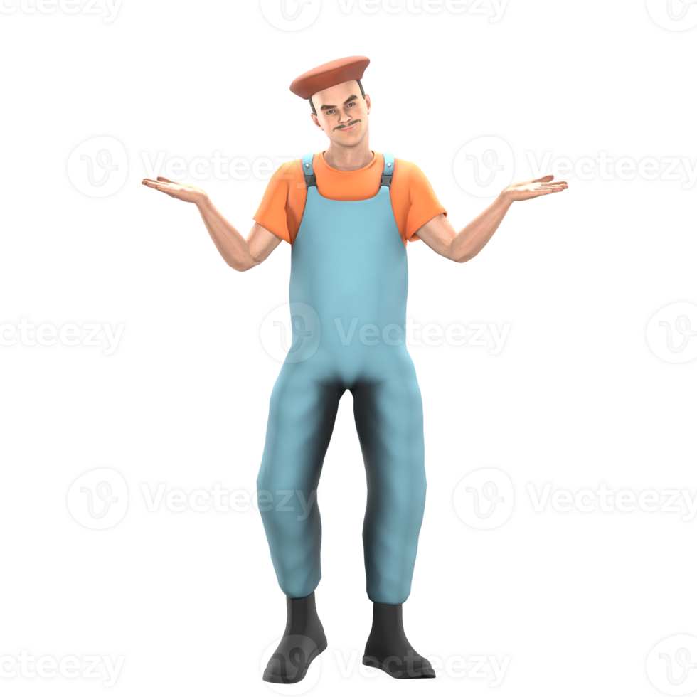 Cartoon Male Painter Model. A male painter shrugging his shoulders with a confused expression on his face. 3D Art Expert png