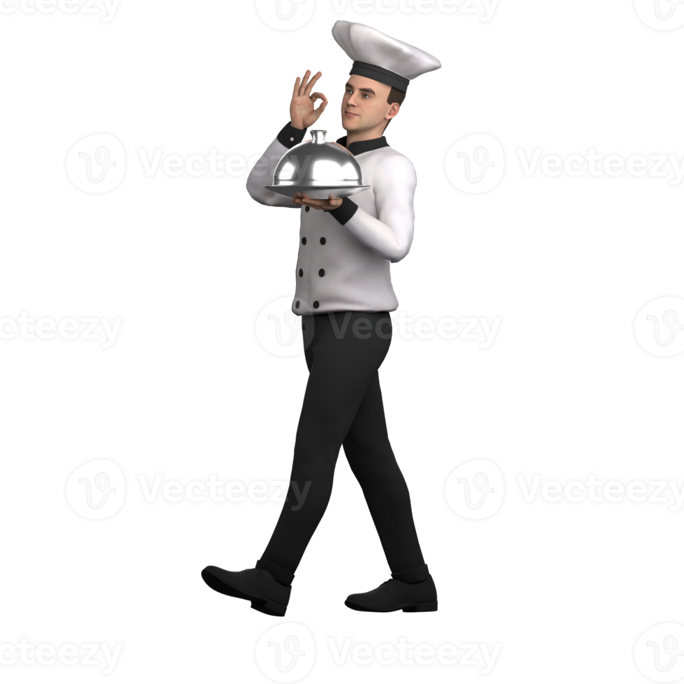 Male Chef 3D A male chef is walking while carrying a covered serving plate and making an OK gesture with his hand. Professional png
