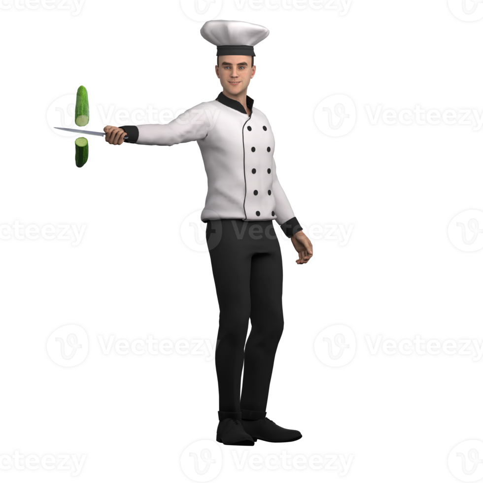 Professional Male in 3D - Chef. A male chef stands showing a knife with a cucumber slice floating above it, showing his precision cutting skills and expertise in the kitchen png