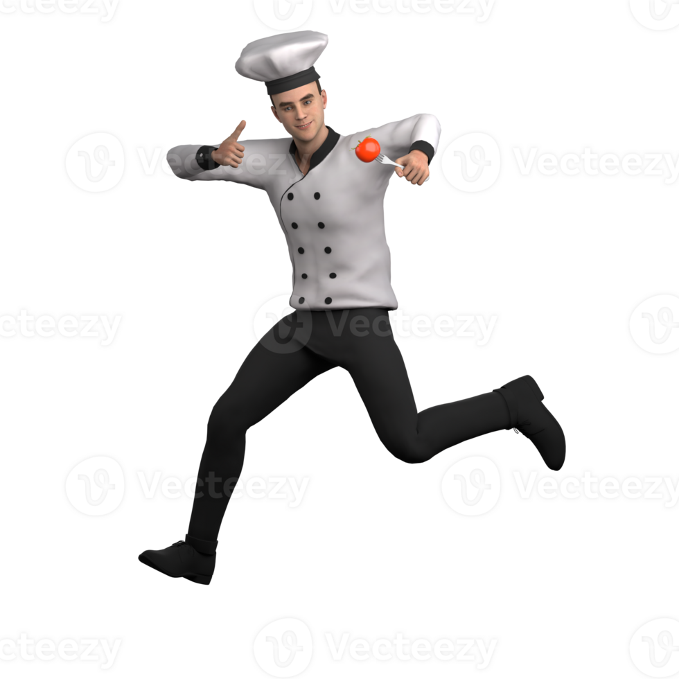 Male Chef in 3D Professional Culinary. A male chef jumps while holding a fork with a tomato on it and shows a thumbs up with his other hand. Cartoon png