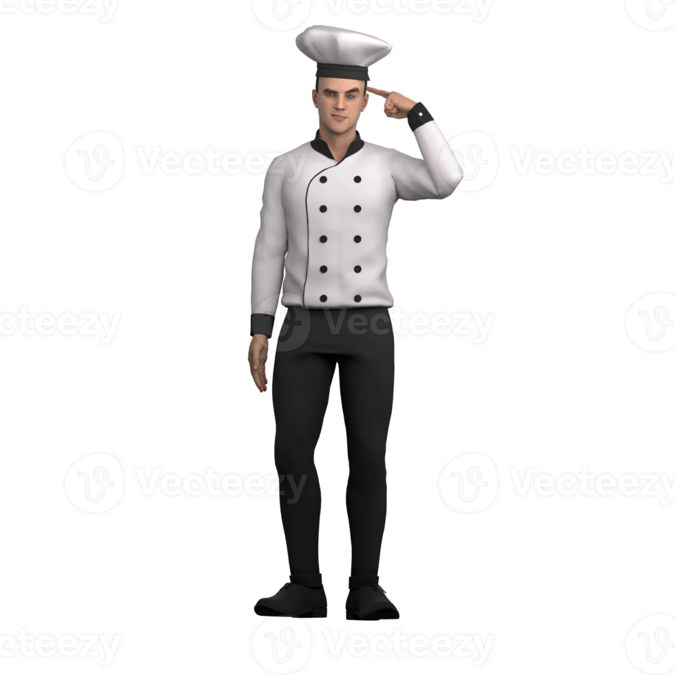 3D Male Chef in Professional Role. A male chef stands with his left hand pointing to his head with his finger. Culinary Cartoon png