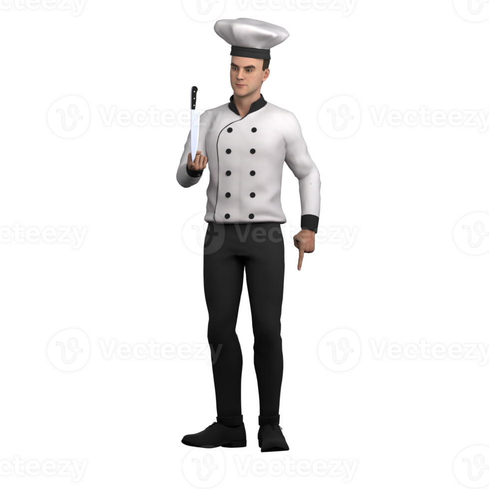 3D Professional Male in Chef Role. A male chef stands with his right hand holding a knife while his left hand points down. Cartoon png