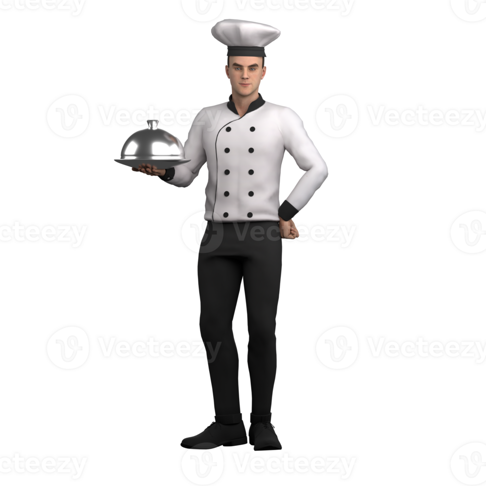 Professional Male Culinary Character. A male chef stands holding a serving tray covered with a cloche with his right hand while his left hand is on his waist. 3D Chef png