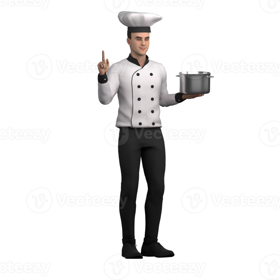 Professional 3D Culinary. A male chef stands holding a pan with one hand and raising his index finger in the other hand. Male png