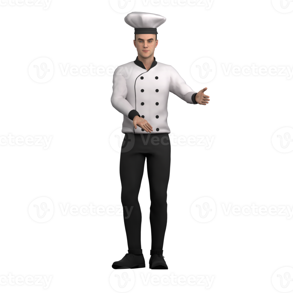 of 3D Male Chef. A male chef stands appearing to be introducing or welcoming something with an open hand gesture. Professional Cartoon png