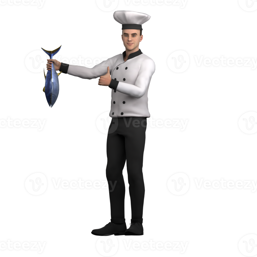 3D Culinary Chef Male. A male chef stands holding fresh fish with one hand and giving a thumbs up gesture with the other. Professional png