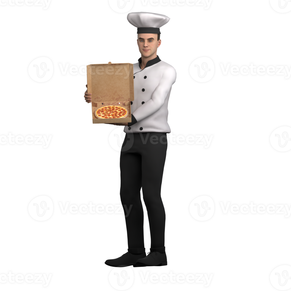 3D Professional Male Chef Character. A male chef stands showing an open pizza box with a freshly cooked pizza inside. Culinary png