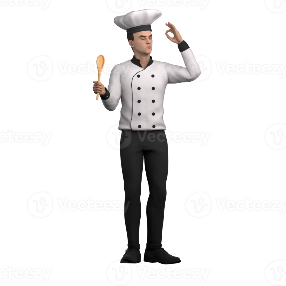 3D Male Chef. A male chef stands showing an okay gesture with his right hand, as if stating that his cooking is perfect, while in his left hand he holds a wooden spoon. Professional Culinary Character png
