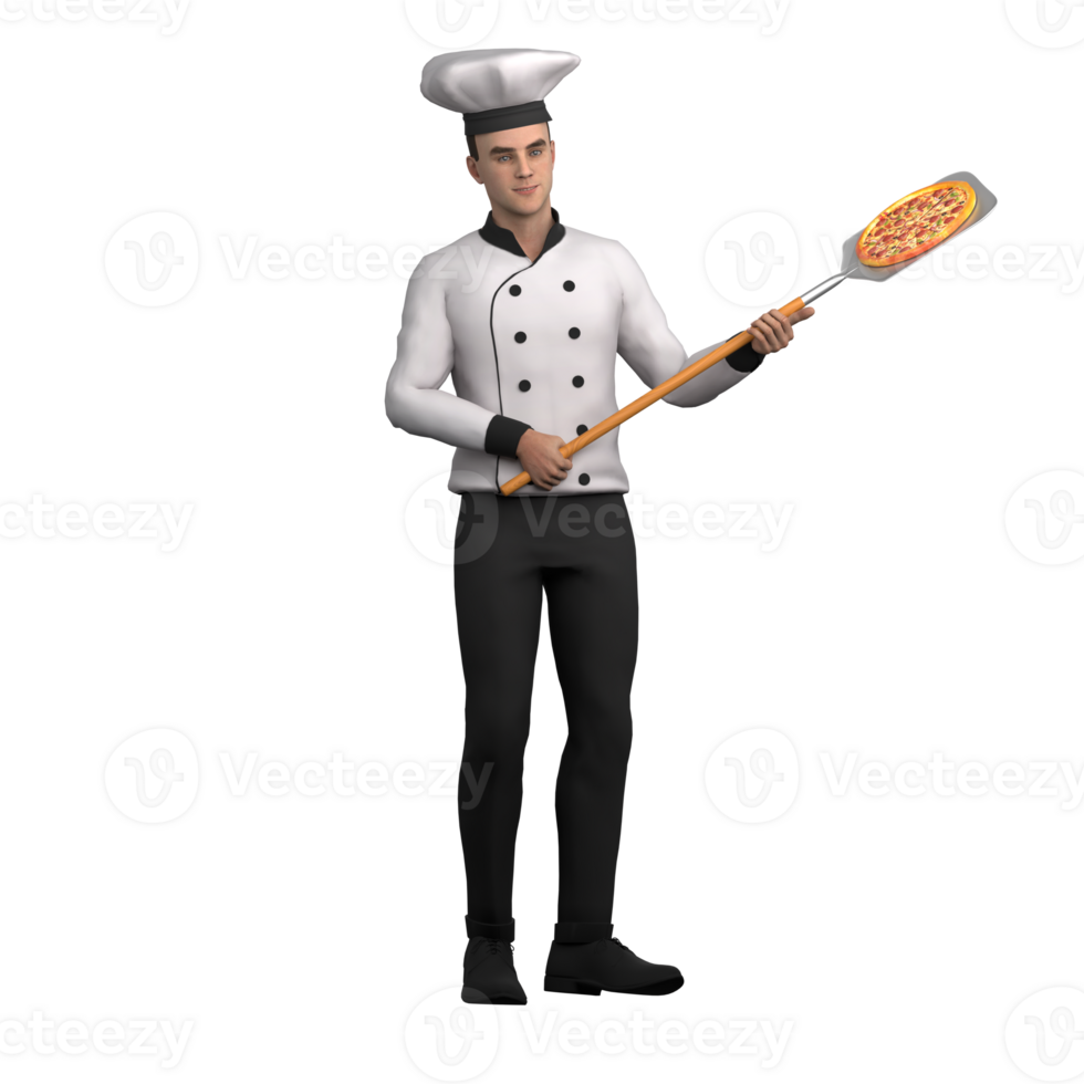 Male Chef Cartoon Character. A male chef stands holding a pizza shovel with a freshly cooked pizza on it png