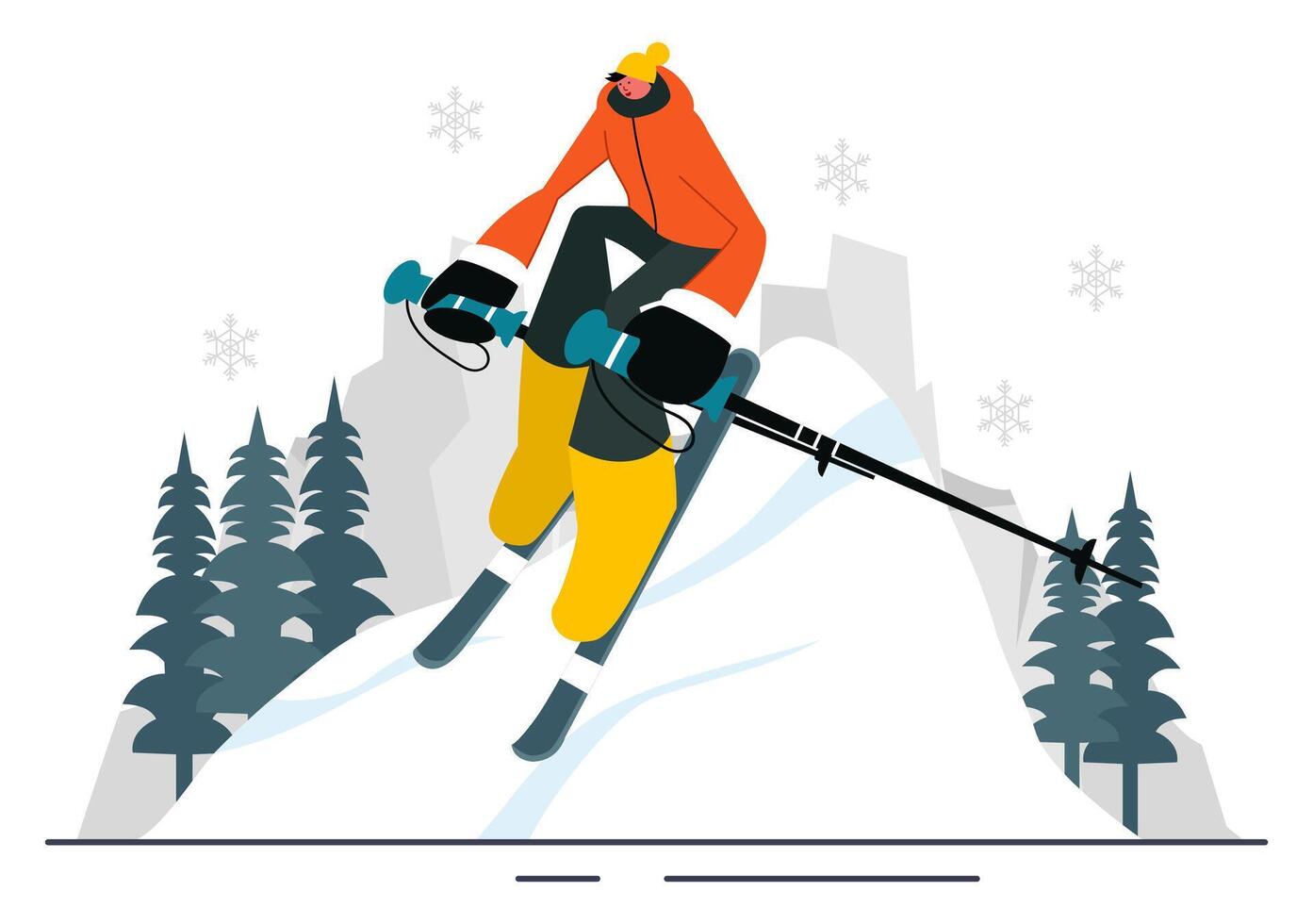 Illustration of Skiers Gliding Down a Snowy Slope in a Winter Sports Scene vector