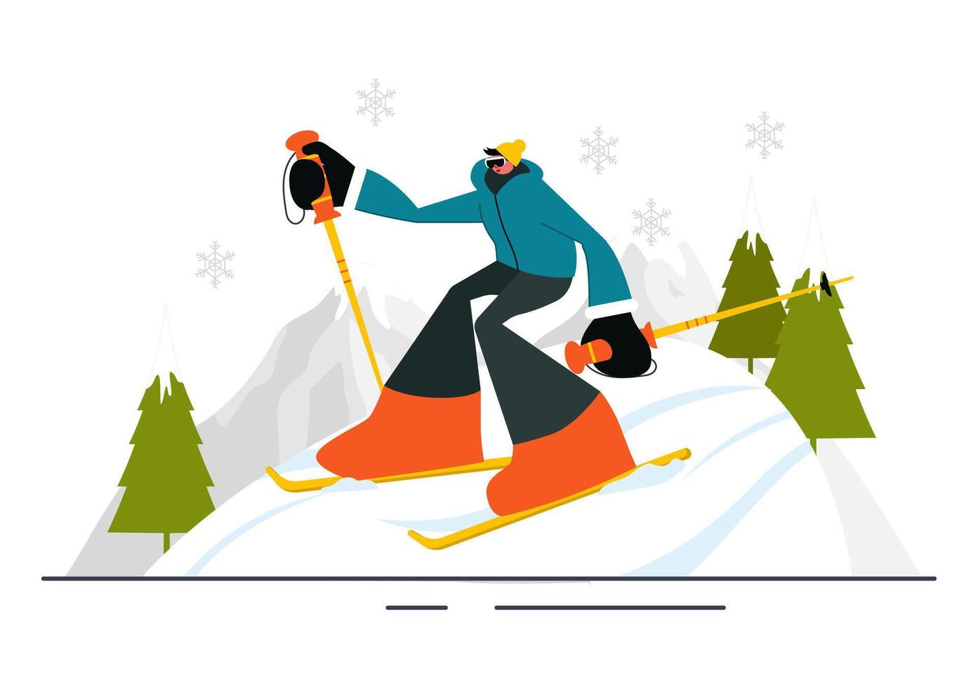 Ski Resort Illustration Featuring Skiers in Action on Snowy Mountain Slopes vector
