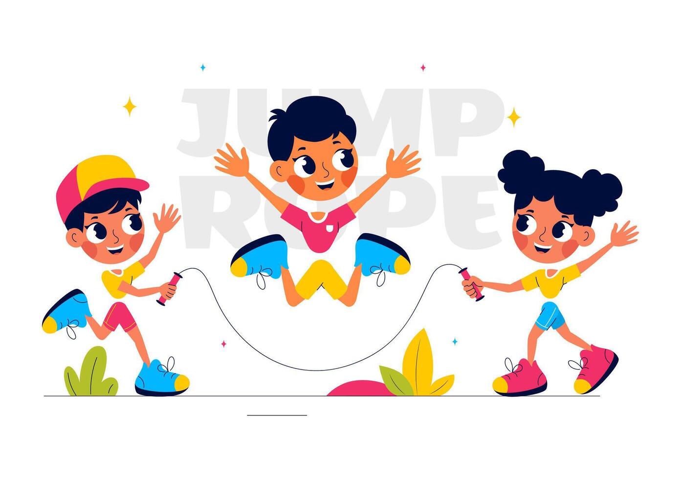 Cartoon Style Illustration of Kids Skipping Rope in Sportswear for Indoor Sport Activities vector