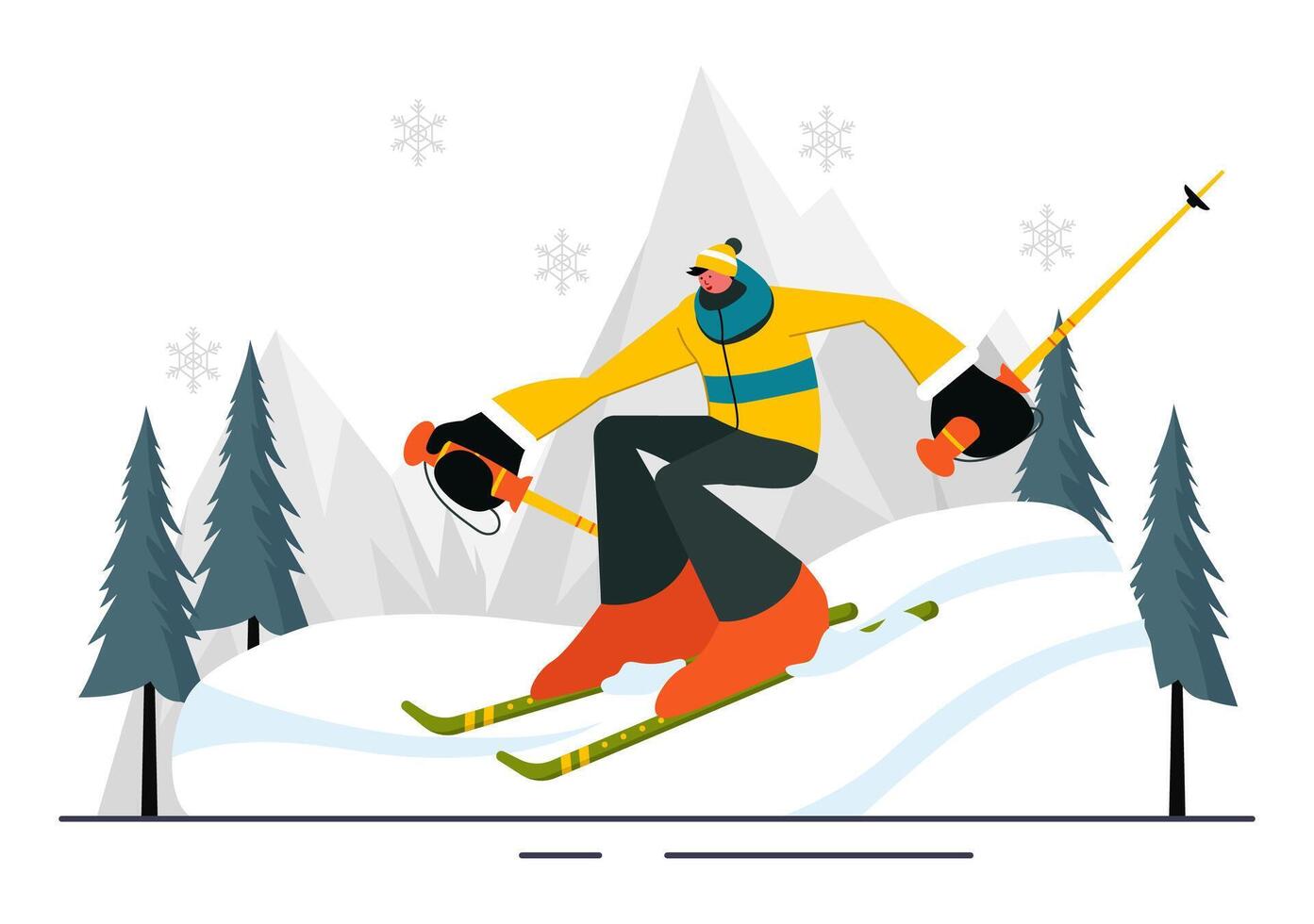 Skiing Adventure Illustration with Skiers Descending a Snowy Mountain in Winter Sports Cartoon Style vector