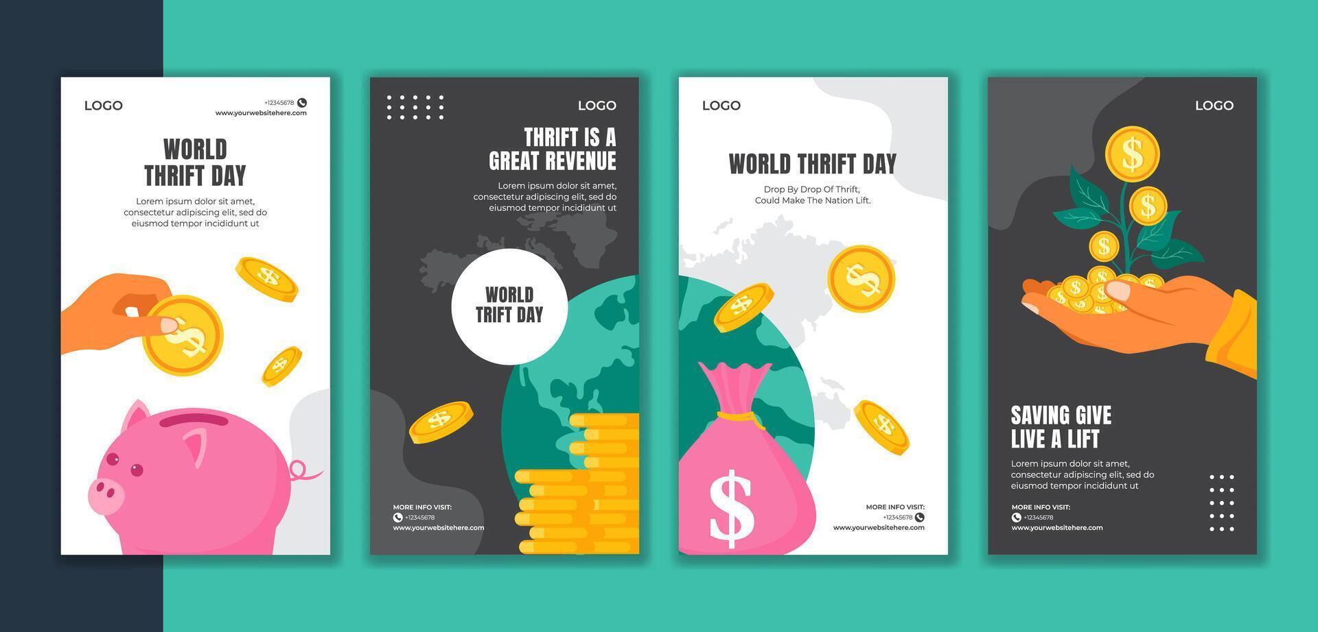 World Thrift Day Social Media Stories Template with Hand-Drawn Cartoon Background vector