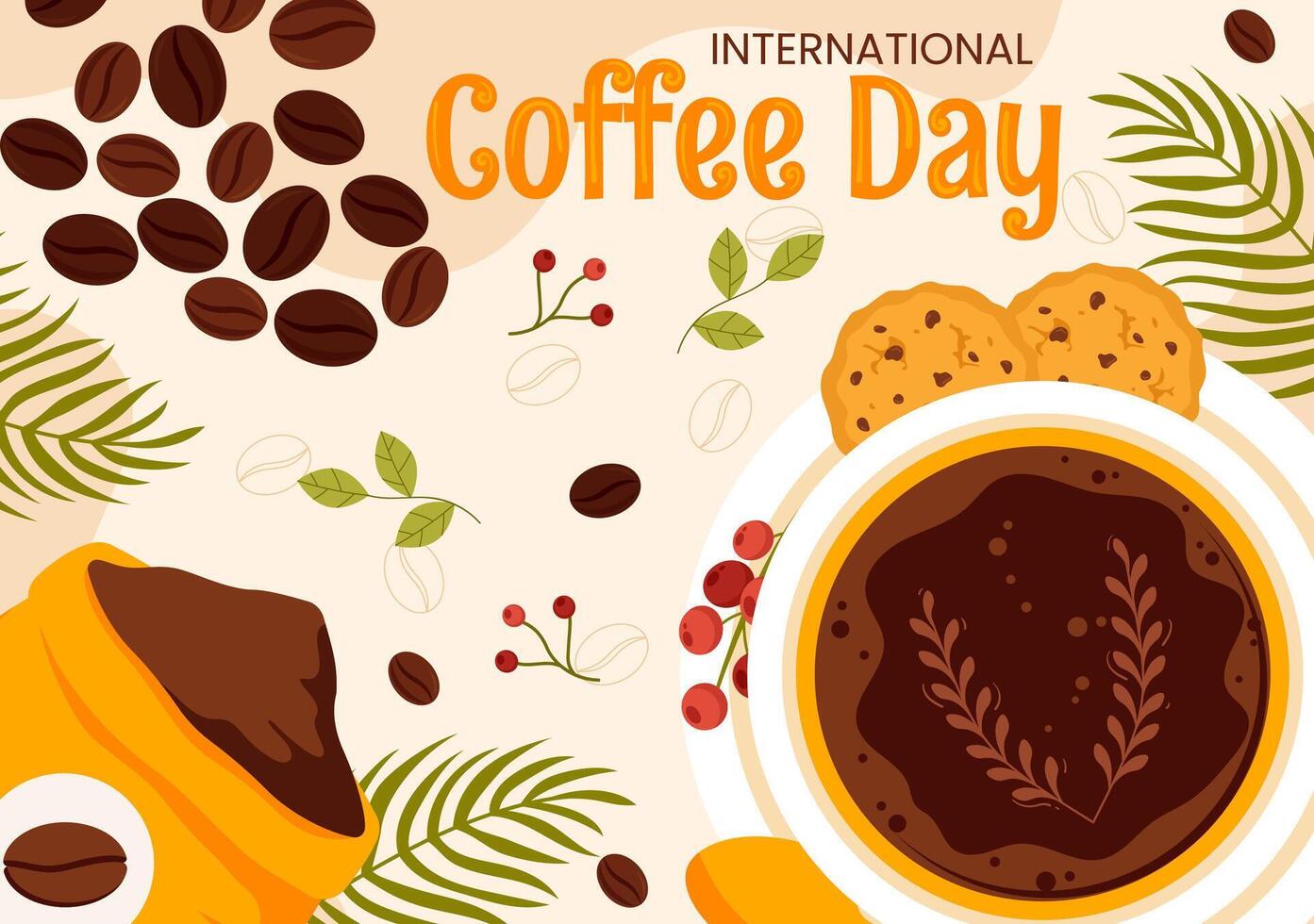 International Coffee Day Illustration with Warm Aromatic Drink and Brown Background in Flat Cartoon Style vector