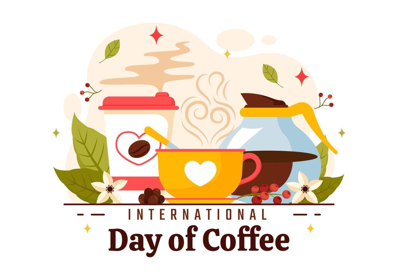 International Coffee Day Illustration with Steaming Cup and Brown Background in Flat Cartoon Style vector
