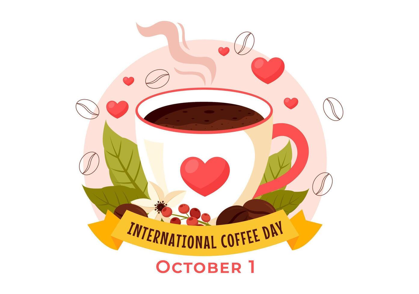 Flat Style Cartoon Illustration for International Coffee Day with Scented Coffee and Brown Background vector