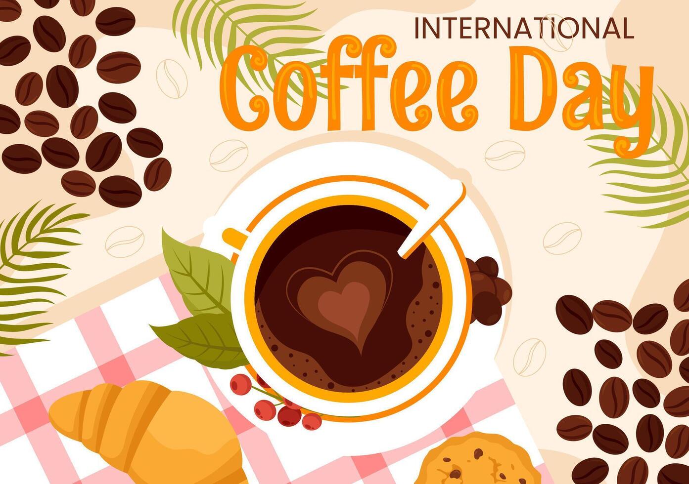 Illustration for International Coffee Day with a Steaming Mug and Brown Background in Flat Cartoon Style vector