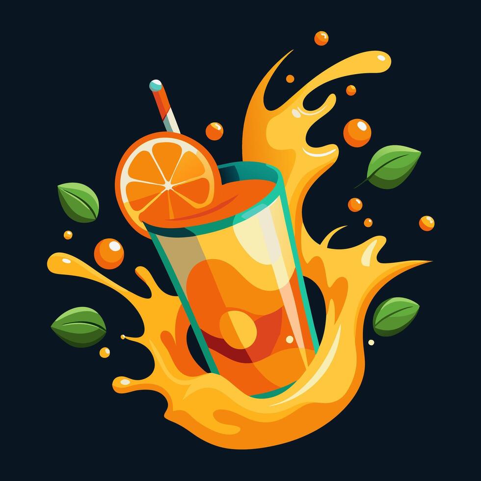 a glass of orange juice with a lemon wedge and a picture of a lemonade. Juice splash with glass and lemon. vector