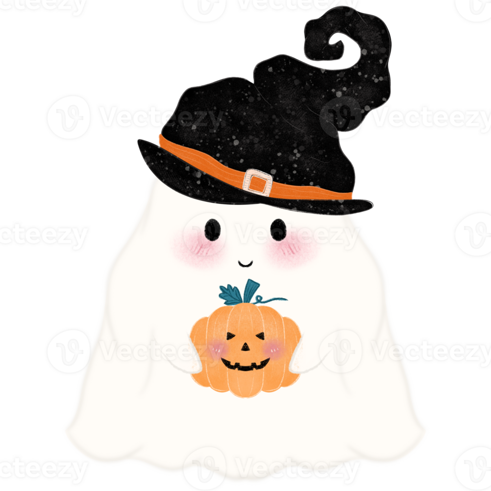 Little ghost holding a pumpkin, Adorable Halloween Ghost Clipart Collection Cute Spooky Ghosts with Fun Props, Perfect for Crafts png