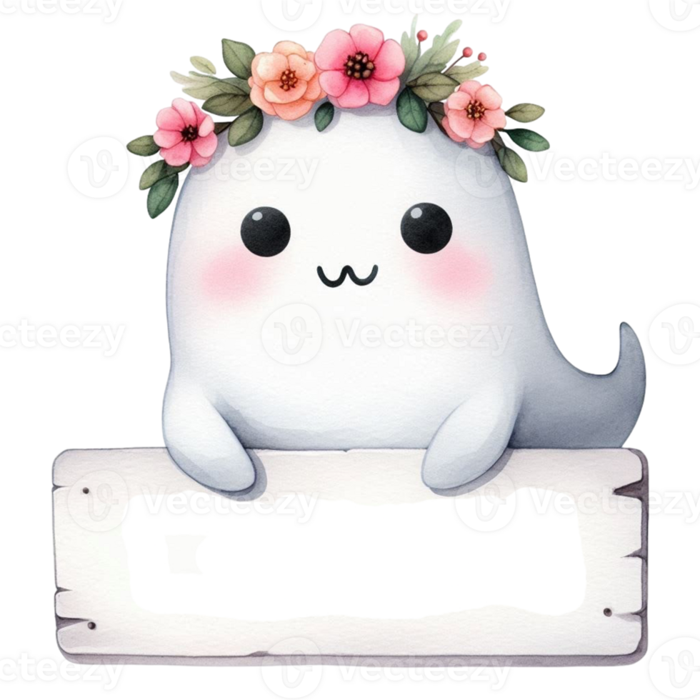 A cute white ghost with flowers on its head png