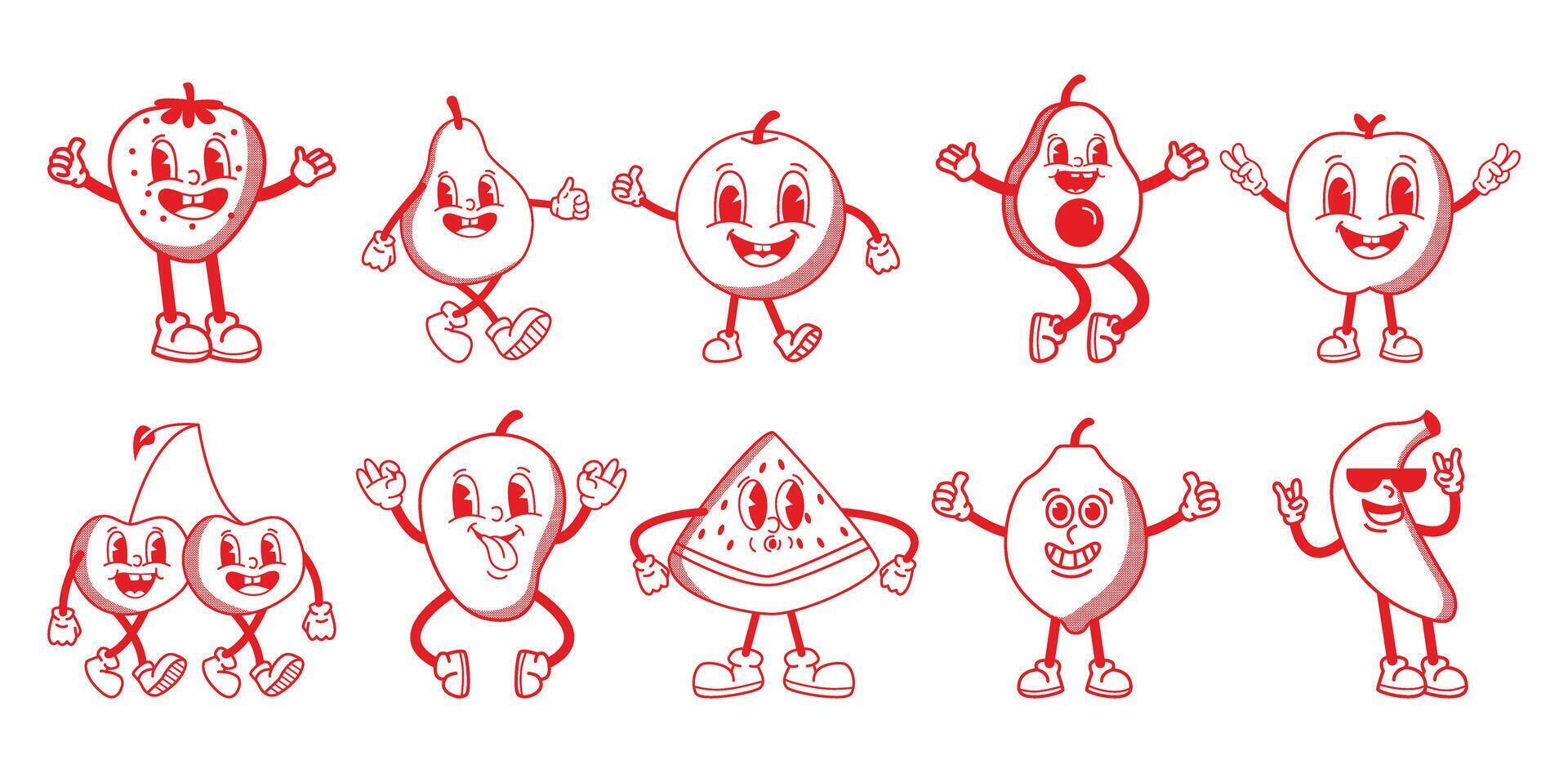 Groovy line cartoon fruit mascot vector