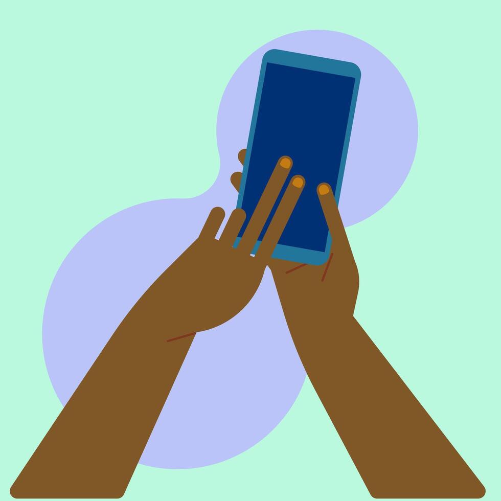 Human hands hold mobile phone with empty blank screen illustration. Arms touch device with fingers. vector