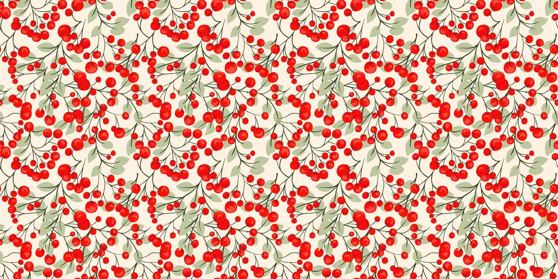 Abstract artistic branches with red berries and leaves intertwined in a colorful seamless pattern. Stylized juniper, boxwood, viburnum, dogwood barberry print. Colorful botanicals illustration. vector