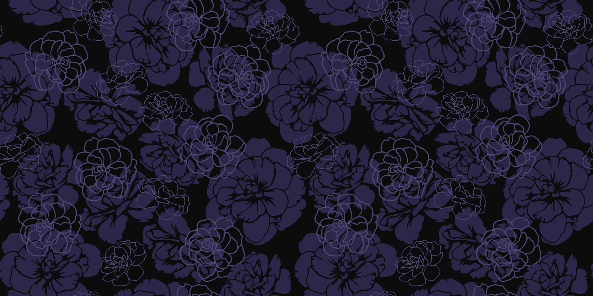 Dark seamless pattern with abstract shapes buttercups, pansies flowers. Creative contour silhouettes, lines, outlines floral print. hand drawn. Unique nature ornament for designs vector