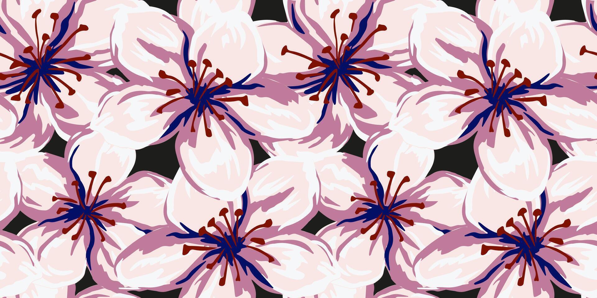 Blooming large flowers pattern. Abstract artistic florals seamless printing on a dark background. hand drawn. Painted ornament for designs, fabric, textiles, vector